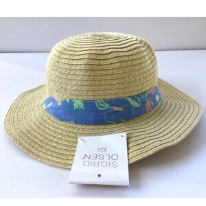 NWT Sigrid Olsen Girls Straw Hat Blue Floral Chin Strap One Size